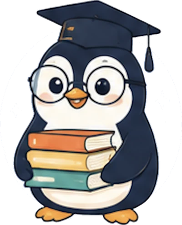 The StudyO penguin holding a stack of books